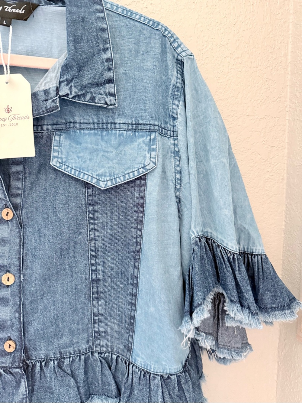 Patchwork Ruffle Denim Button-Front Shirt - Blue - Picture 5 of 7